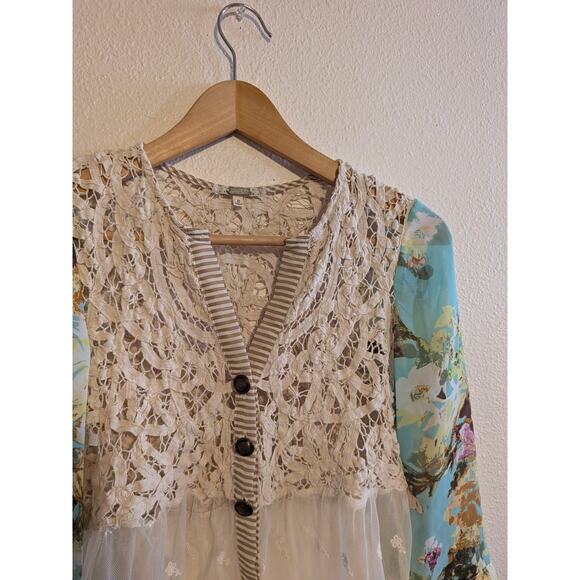 gimmicks by bke lace patchwork button up cardigan size S quarter sleeve - Picture 3 of 7